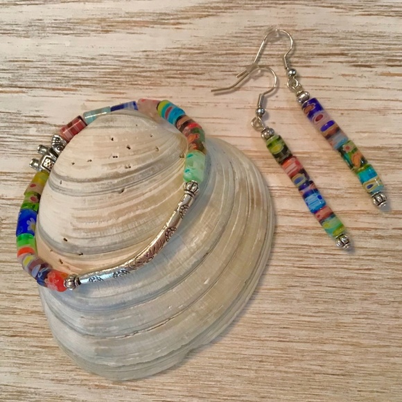 Millefiori Glass bead elephant stretch bracelet/earrings set - Picture 1 of 3